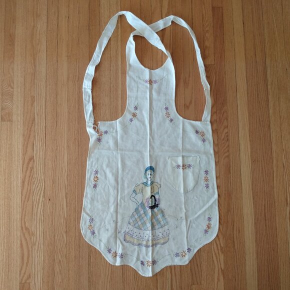 Vintage Full Apron Pinafore Handmade Embroidered Lady Flowers AS IS Flaws Ripped - Picture 3 of 14